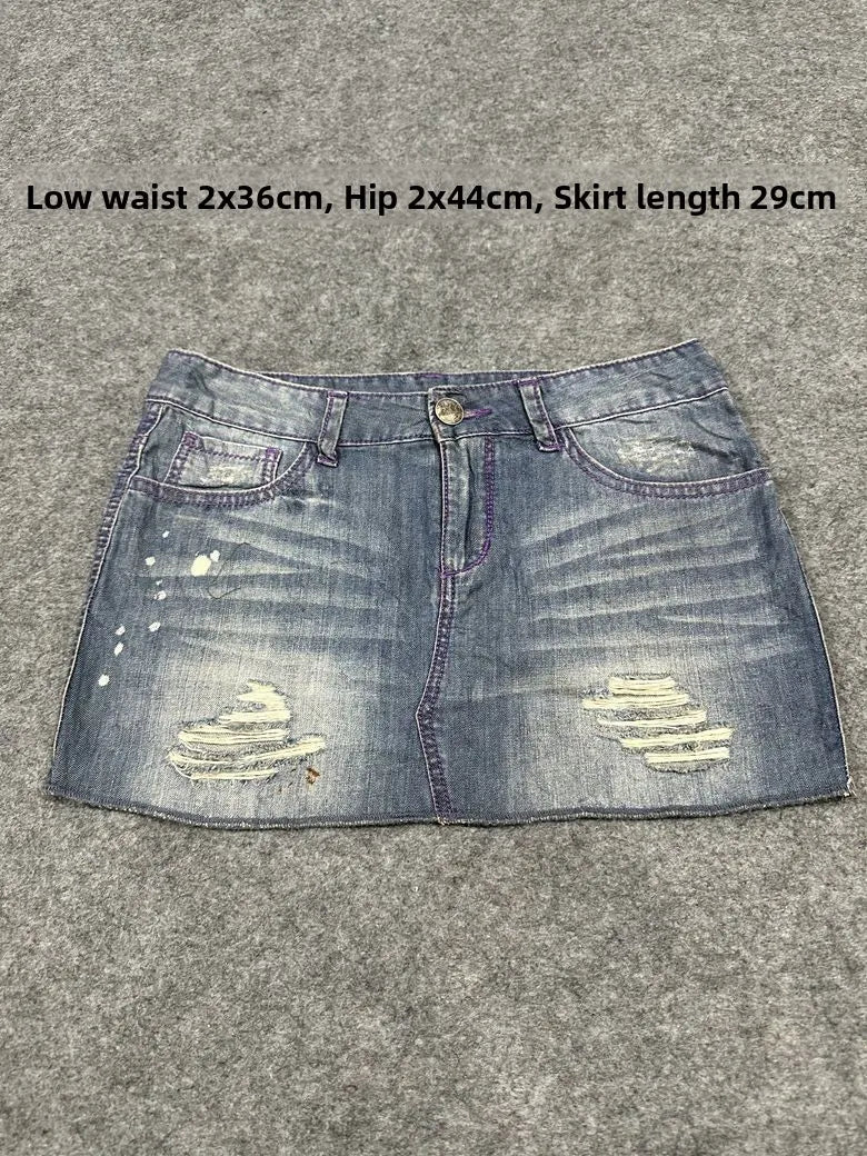 Sexy American Vintage Low Waist Denim  Skirt for Students Z4 Antiquing Y2K Trendy ort Skirt with Handmade Ripped And Fo...