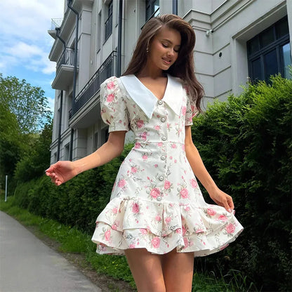 Short Puff Sleeves Print Ruffled Hem Dress Women V-Neck  Pearl Buttons High Waist A-line Mini Dress Female Holiday Slim Robe