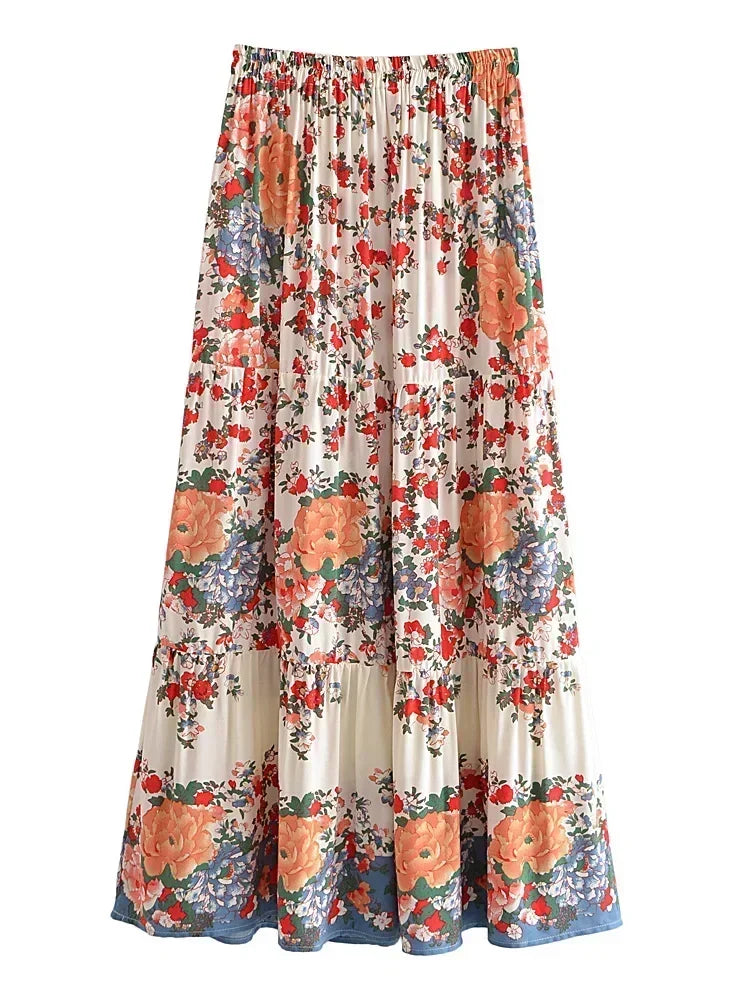 Vintage Chic Fashion Women Beach Bohemian Floral Print  Hippie Skirt High Elastic Waist Gothic Holiday Boho Maxi Skirts Femme