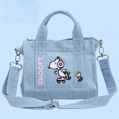 Kawaii Snoopy Denim Tote Bag Cartoon Animation Student Cute Tote Bag Embroidery Lunch Crossbody Bag