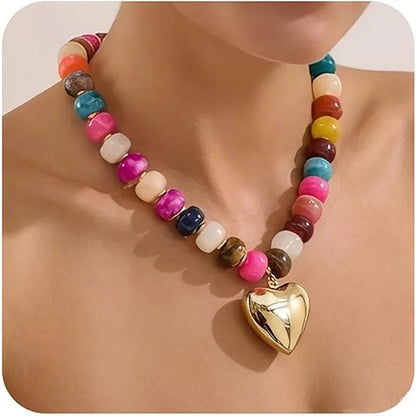Bohemian Colorful Chunky Resin Beaded Necklace for Women Y2K Trendy Gold Color Puffy Heart Pendant Choker Summer Beach Jewelry