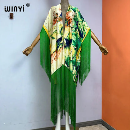 WINYI kimono cover-ups summer boho print Bikini Cover-up Elegant fashion Cardigan sexy Holiday long Sleeve tassels maxi dress
