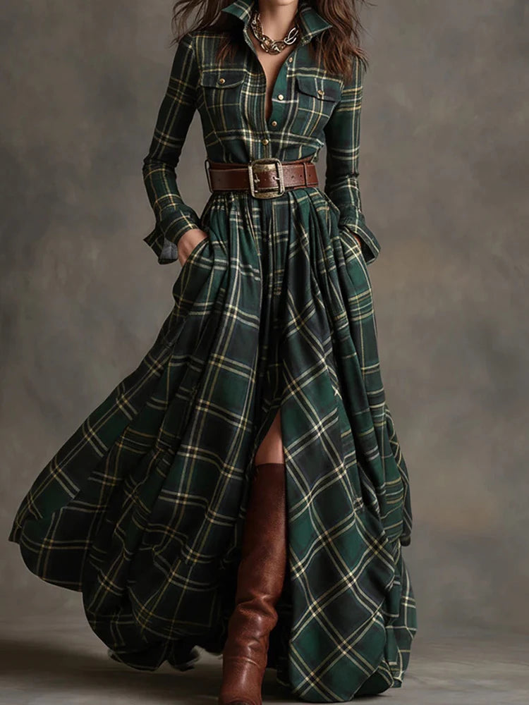 New Women's Lapel Plaid Printing Slim Fit Dress Autumn Long Sleeve Fashion Chic Party Dress with Buttons Elegant Ladies Dresses