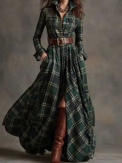 New Women's Lapel Plaid Printing Slim Fit Dress Autumn Long Sleeve Fashion Chic Party Dress with Buttons Elegant Ladies Dresses