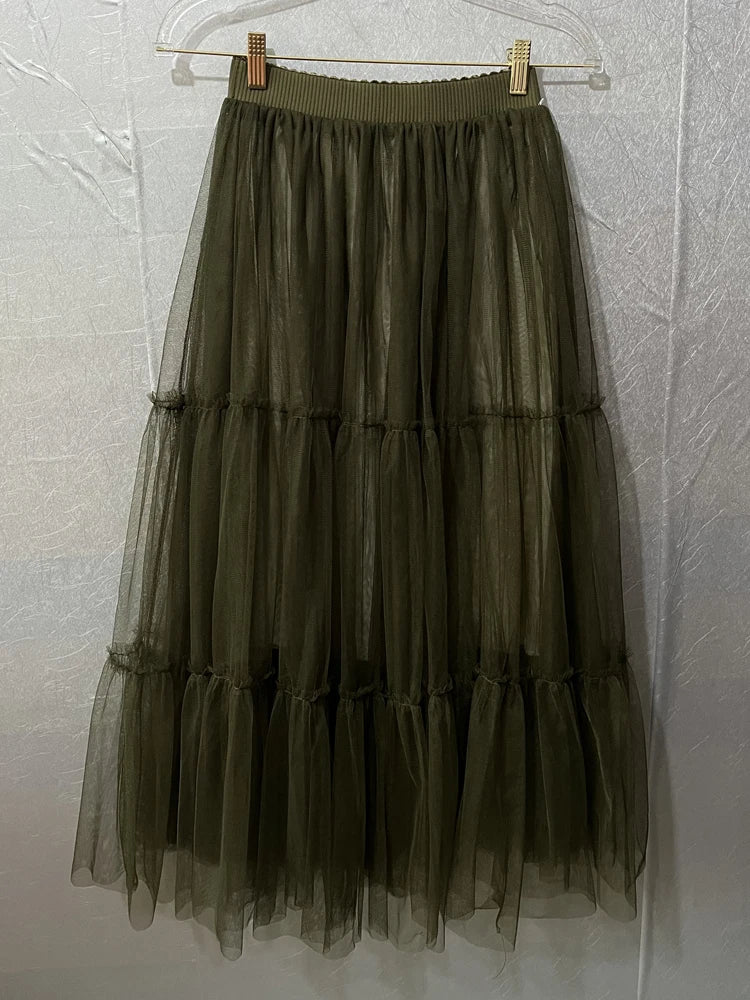 Autumn Fairy Puffy Maxi Long Gauze Skirt Cakee Patchwork A-line Layered Tulle Ankle Long Skirts Green Burgundy