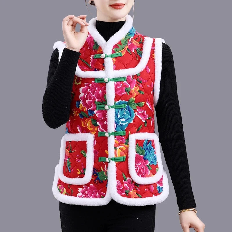 5XL Middle-aged Mother Vest Autumn Winter New Printed Fleece Vest Coat Female Sleeveless Jacket Grandma Thicken Warm Waistcoat