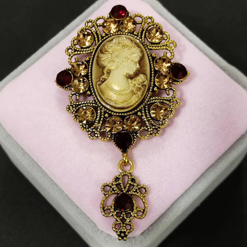 SHMIK Vintage Palace Style Relief Beauty Pendant Crystal Badges Brooch For Women Elegant Retro Middle Design Pin Jewelry