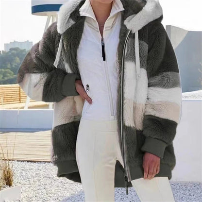 Autumn Winter Warm Plush Pocket Hooded Streetwear Loose Lady Outerwear Coat