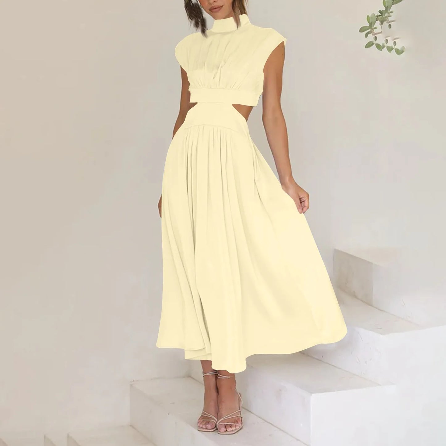 Women's Solid Color Basic Fashion High Waist Hollow Out Sexy Casual Streetwear High Neck Sleeveless Pocket Open Waist Maxi Dress