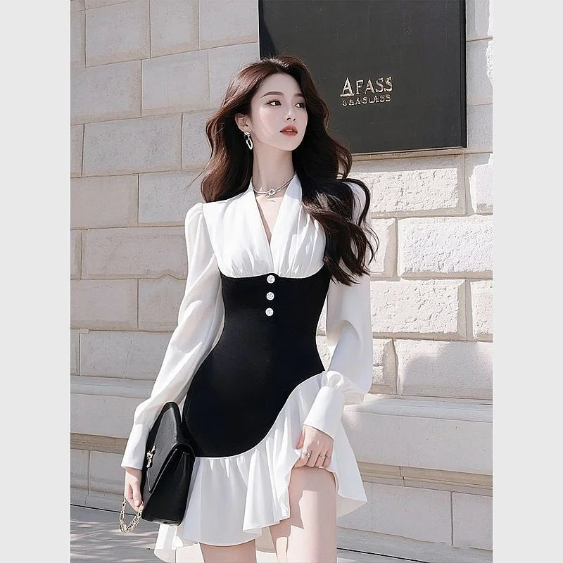 Super Beautiful White Contrasting Shirt Dress For Women Spring 2025 High-End French Waist Cinched Ruffle Edge Professional Dress