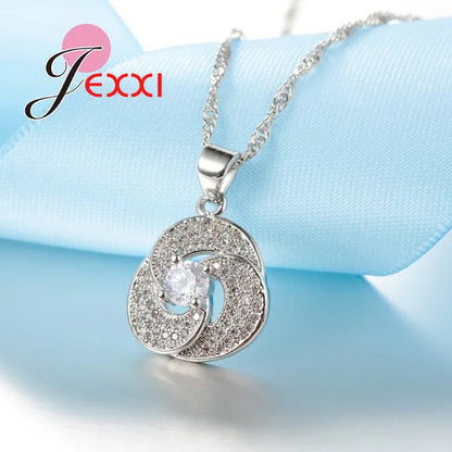 Charm Fine Elegant 925 Sterling Silver Crystal Necklace Earring Wedding Bridal Jewelry Sets For Women