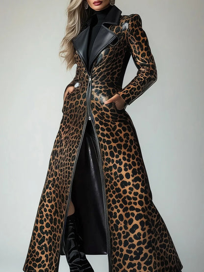 High Quality PU Leather Leopard Pattern Zipper Pocket Trench Coat for Women Fashion Extra Long Skirted Elegant Overcoat S-3XL