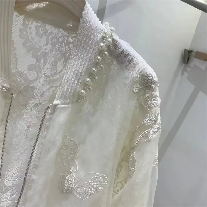 Summer Beading Embroidery Thin Jacket 2025 Women Elegant Sun Protective Clothing High Street Baseball Uniform Short Jacket