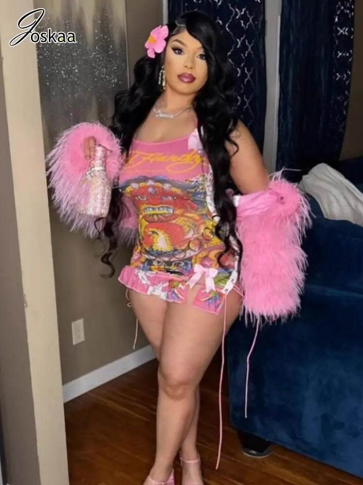Joskaa 2025 Summer Women's Sexy Print Halter Wrap Chest Backless Side Hollow Bandage Body-Shaping Mini Dress Holiday Beachwear