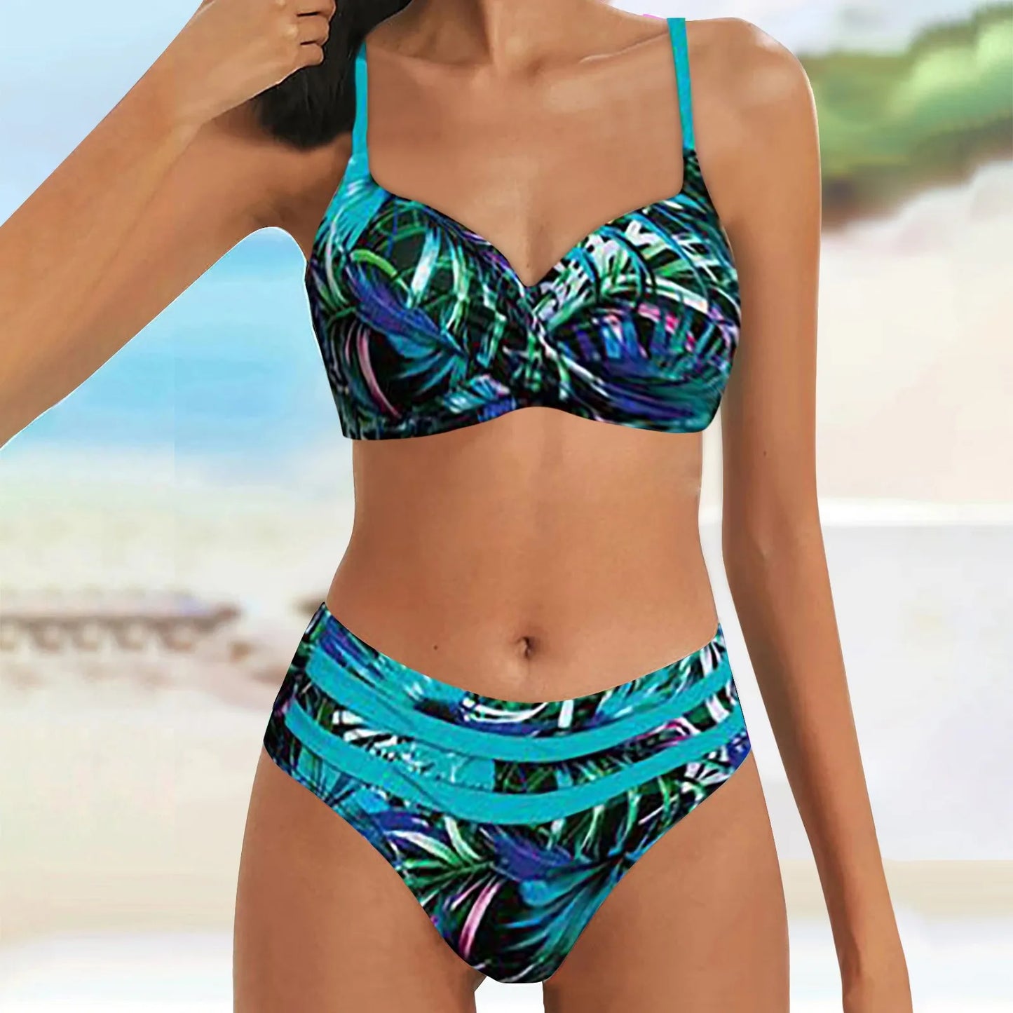 Botanical Print Tankini Swimwear Women'S 2 Piece Bikini Set Summer Sexy Swimsuit 2pcs Beach Bathing Suit Ladies Bikinis Outfit