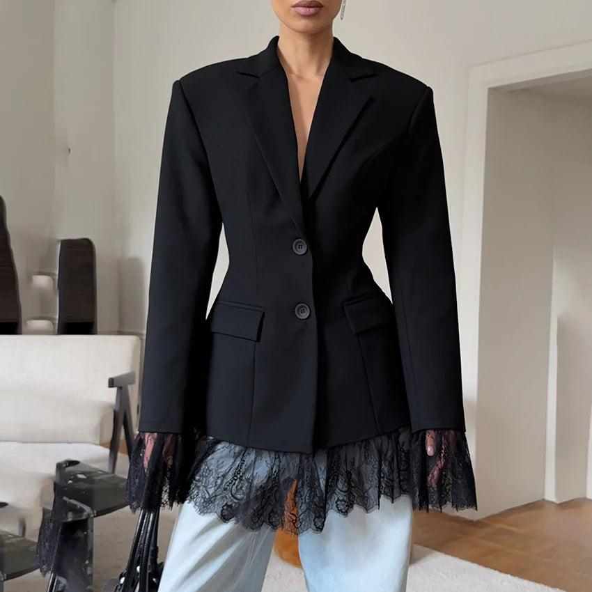 Linad Vintage Black Slim Lace Coats For Women Elegant Notched Collar Jackets Street Chic Long Sleeve Outerwear Lady 2025 Autumn