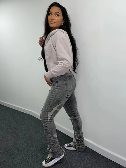 Popular female Spice Girl style slim-fit ripped jeans
