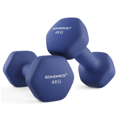 SONGMICS Set of 2 Dumbbells, 2 x 4 kg Hand Weights with Neoprene Coating, Hexagonal Dumbbells Pair, Home Workout