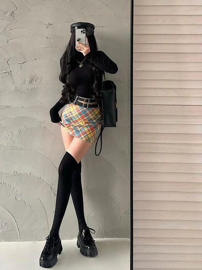 WOMENGAGA Fashion Women Mini Skirts High Waist Slim Double Waistband Plaid Skirt Hip Short Skirt Sweet Spice Girls A8P1