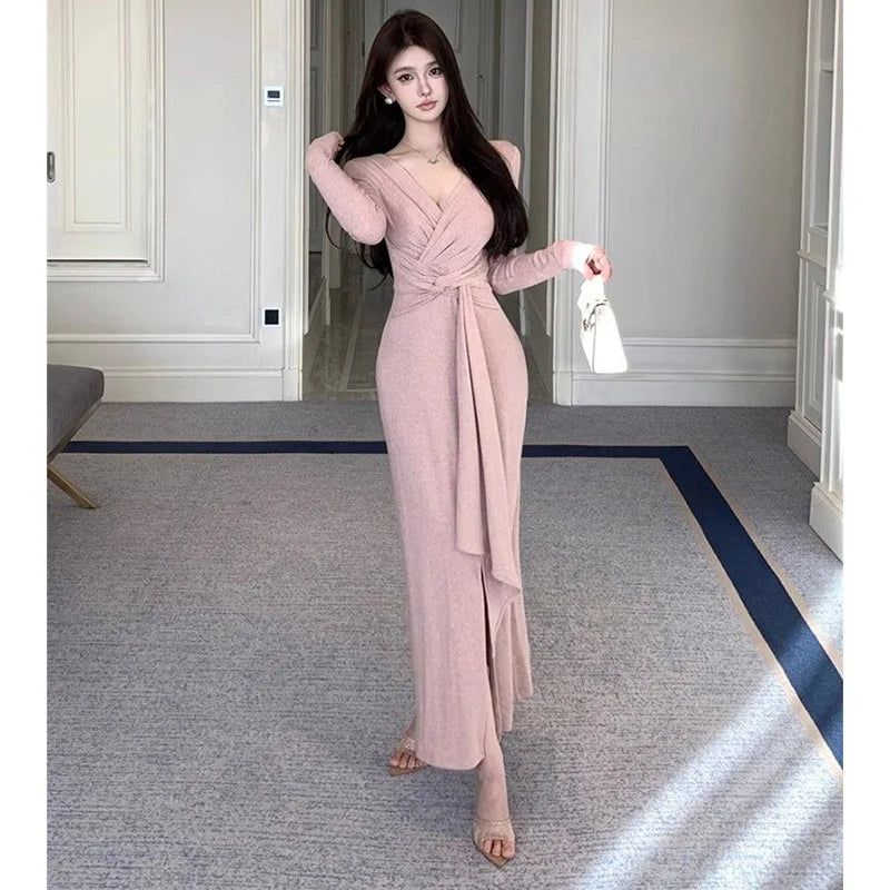 2025 Lady Chic Designer V-neck Dress Spring Women Elegant Lace Up Party Dress Female Irregular Solid Color Slim Fit Thin Dress