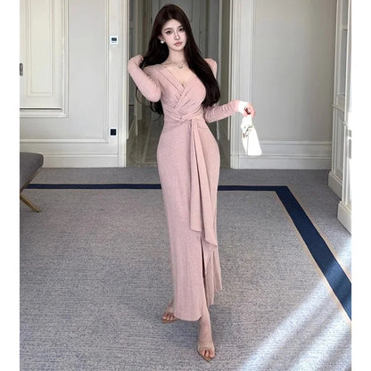 2025 Lady Chic Designer V-neck Dress Spring Women Elegant Lace Up Party Dress Female Irregular Solid Color Slim Fit Thin Dress