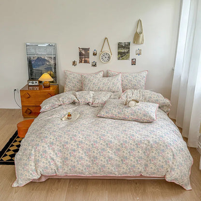 Skin-Friendly Double-Layer Yarn Bedding Set New Country Floral Soft Comforter Sets 100% Cotton Fitted Sheet Kit with Quilt Cover