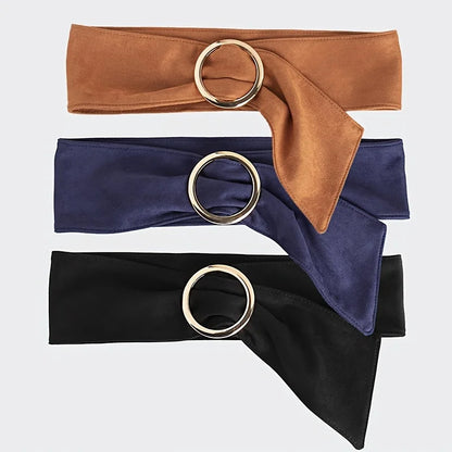 Fashionable and elegant retro women's high-end round buckle suede waist belt, soft and comfortable, versatile with a wide ribbon