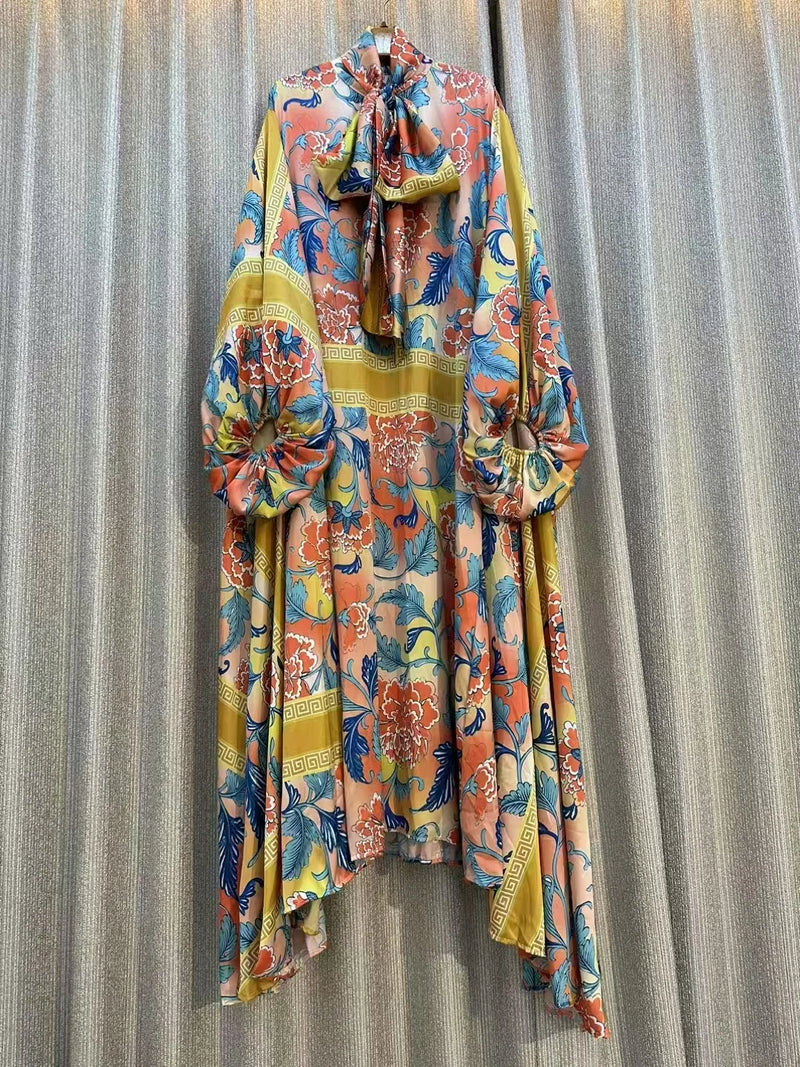 Retro Designe New Women's Fashion Elegant Autumn Long Sleeve Casual Loose Print Dress Female High Waist Chic Party Maxi Dress ﻿