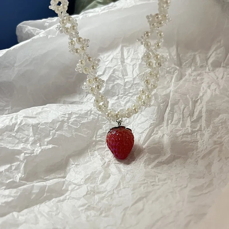 Handmade love necklace, sweet romantic pearl strawberry pendant necklace lovely necklace cute necklace necklace for women y2k