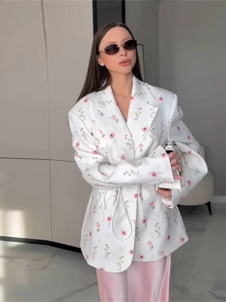 Elegant Floral Print Blazer Outerwear With Belt Women's Casual Lapel Long-Sleeve Shoulder Pads Jacket Loose Fit Outfit For Woman
