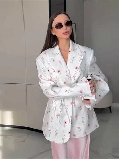 Elegant Floral Print Blazer Outerwear With Belt Women's Casual Lapel Long-Sleeve Shoulder Pads Jacket Loose Fit Outfit For Woman
