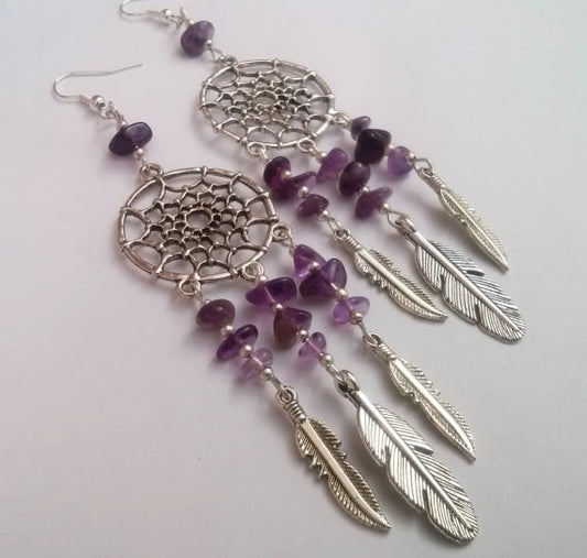 Amethyst Dreamcatcher Earrings , Dream Catcher Earrings , Amethyst Earrings , Tribal Jewelry , Purple Earrings , Handmade