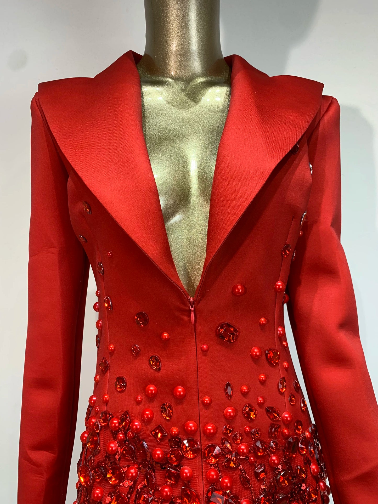Sparkly Crystal Pearls Long sleeves Mini Dress Red Fashion Luxury Birthday Evening Party Nightclub Outfit Singer Stage Costume ﻿