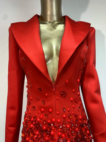 Sparkly Crystal Pearls Long sleeves Mini Dress Red Fashion Luxury Birthday Evening Party Nightclub Outfit Singer Stage Costume ﻿