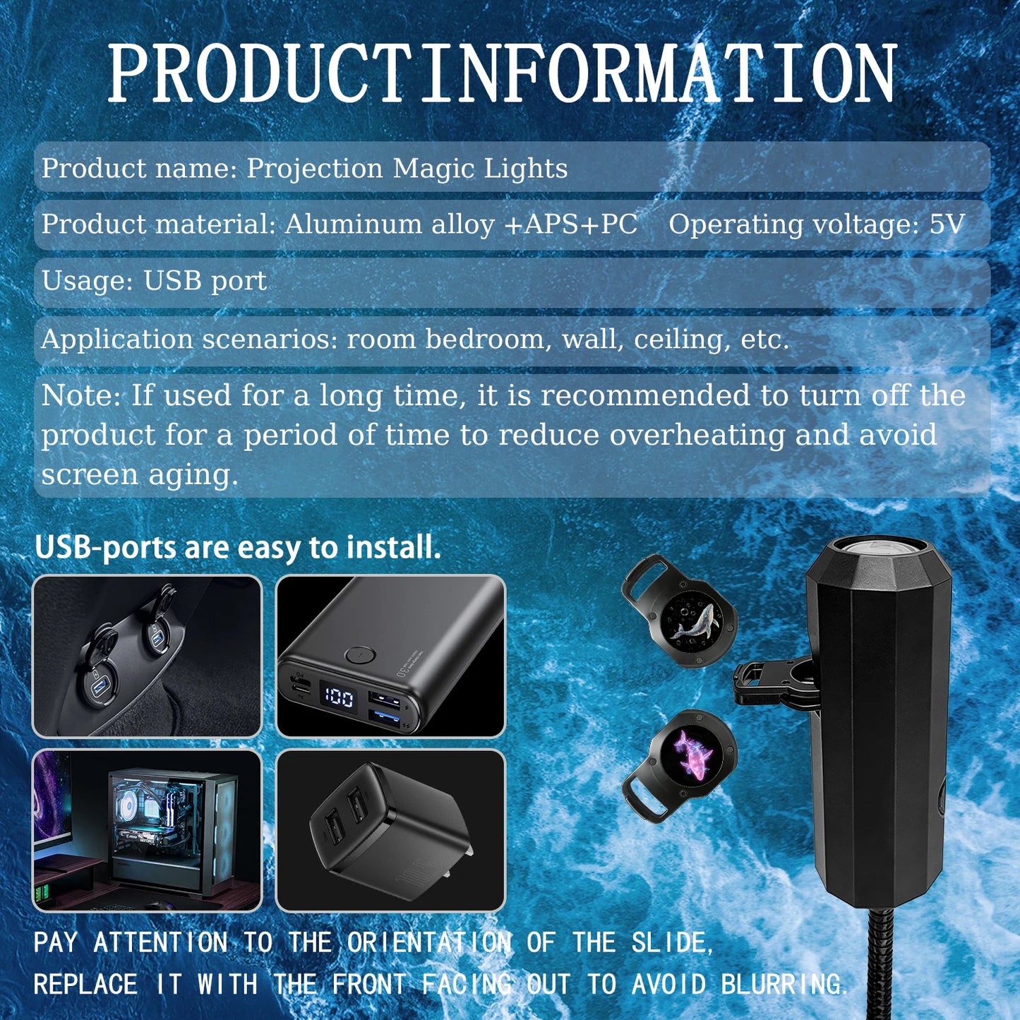 Portable marine life projector light, featuring 8 light panels including jellyfish, whale, and sea turtle; USB powered, 360° rot