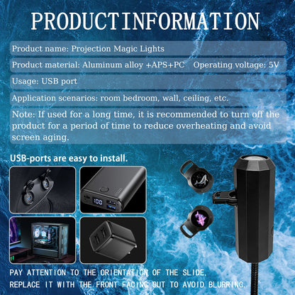 Portable marine life projector light, featuring 8 light panels including jellyfish, whale, and sea turtle; USB powered, 360° rot