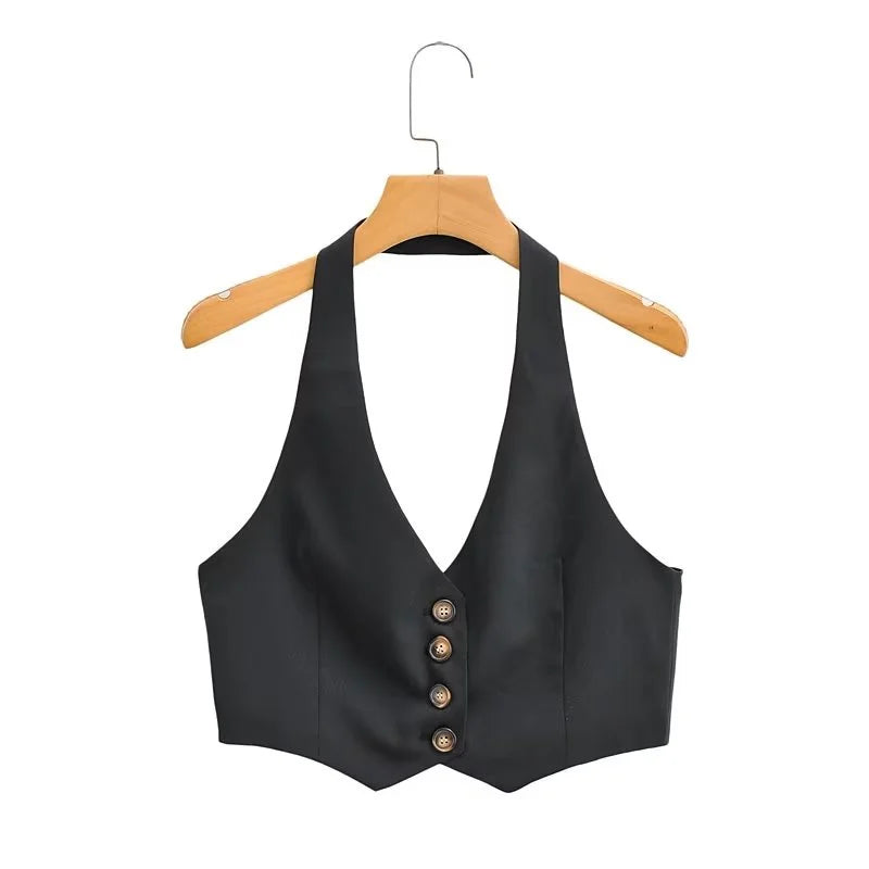 KEYANKETIAN Summer New Single-Row Buttoned-Up Hanging Neck Ultra Short Waistcoat Vest Women's Casual Backless Suspender Top