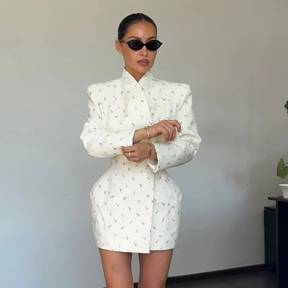 Elegant Floral Print Blazer Outerwear With Belt Women's Casual Lapel Long-Sleeve Shoulder Pads Jacket Loose Fit Outfit For Woman