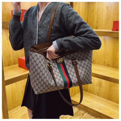 Fashionable Luxury Coffee Colored Floral Handbag with Red and Green Striped Design, Soft Leather, Large Capacity Underarm Bag