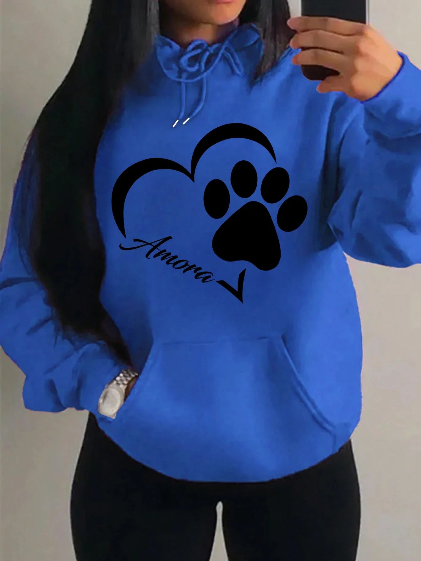 Love And Little Cat Foot Creative Print Women Hoody Fashion Autumn Sweatshirt Pocket Hoodie Sport Style Comfortable Pullover