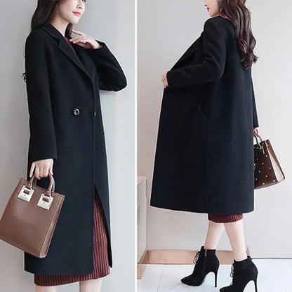 Two Buttons Woolen Coat Stylish Women's Woolen Coat Lapel Long Sleeve Two Buttons Pockets Autumn/winter Mid-length Cardigan