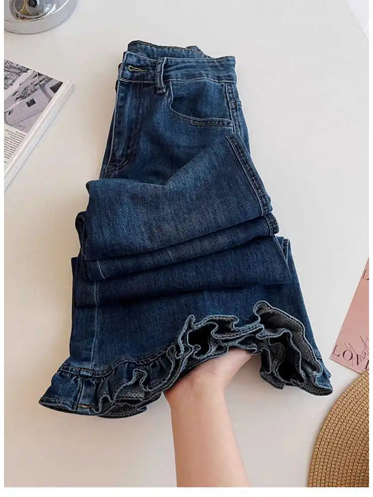 2025 Autumn Winter Women Korean Shoujo Flare Denim Pants Ruffle Blue Vintage High Street 2000s Jeans Y2k Kpop Bell Bottom Design