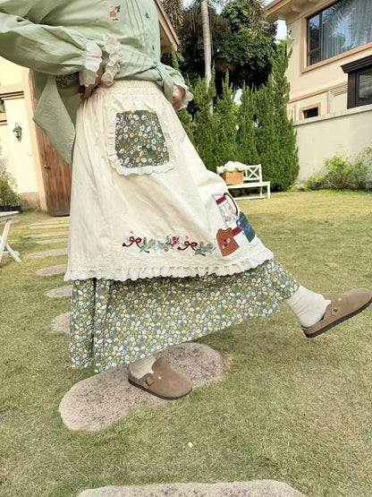 Japanese Mori Girl Spring Sweet Patchwork Lace Elastic Waist A- Line Skirt Vintage Embroidery Cotton Skirt Jupe Femme Faldas