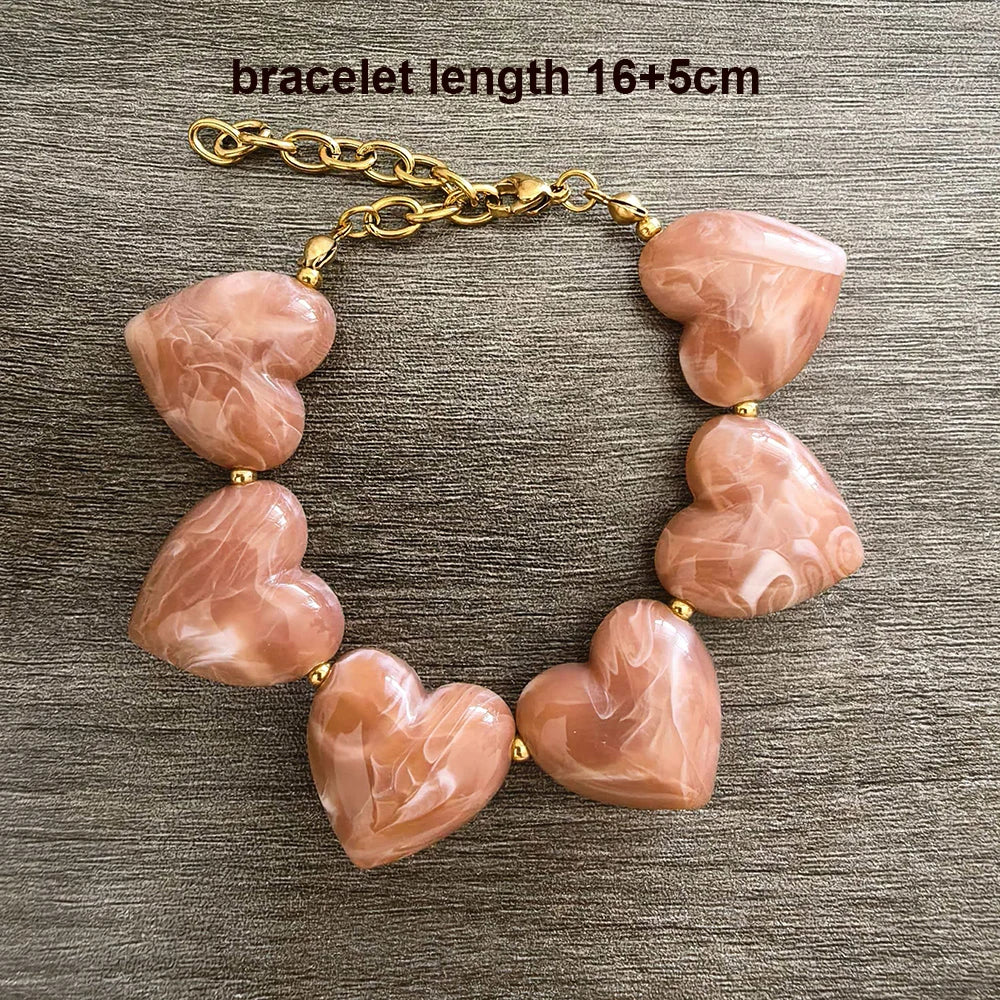 Big Love Heart Necklace Women Choker Statement Bracelet Gold Color Acrylic Beads Stainless Steel PVD Waterproof White Beige Red