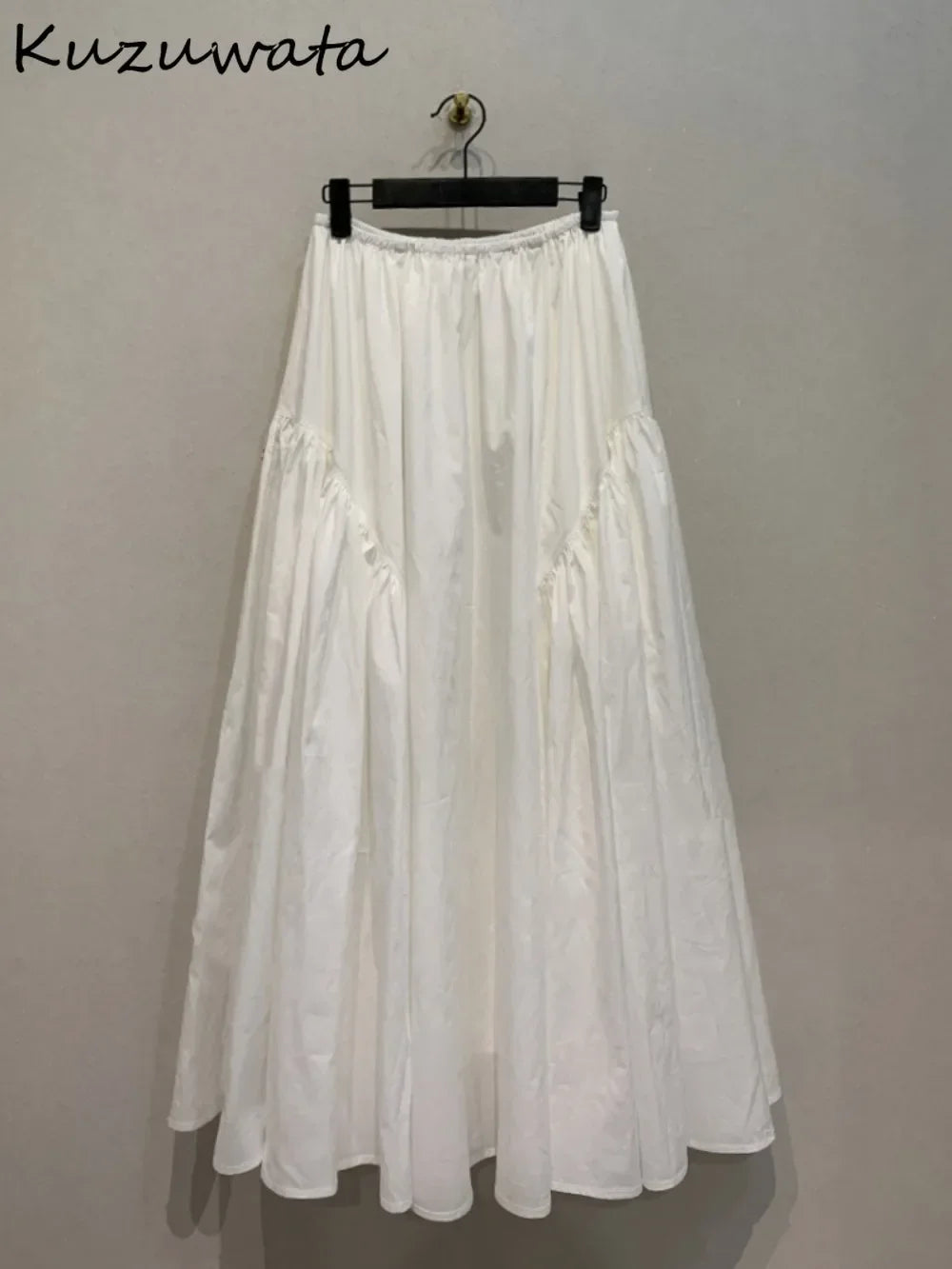 Kuzuwata Loose Autumn Winter Casual Solid Skirt A-line Mid-length Patchwork Big Swing Faldas Japan Moda Ruched All-match Skirts