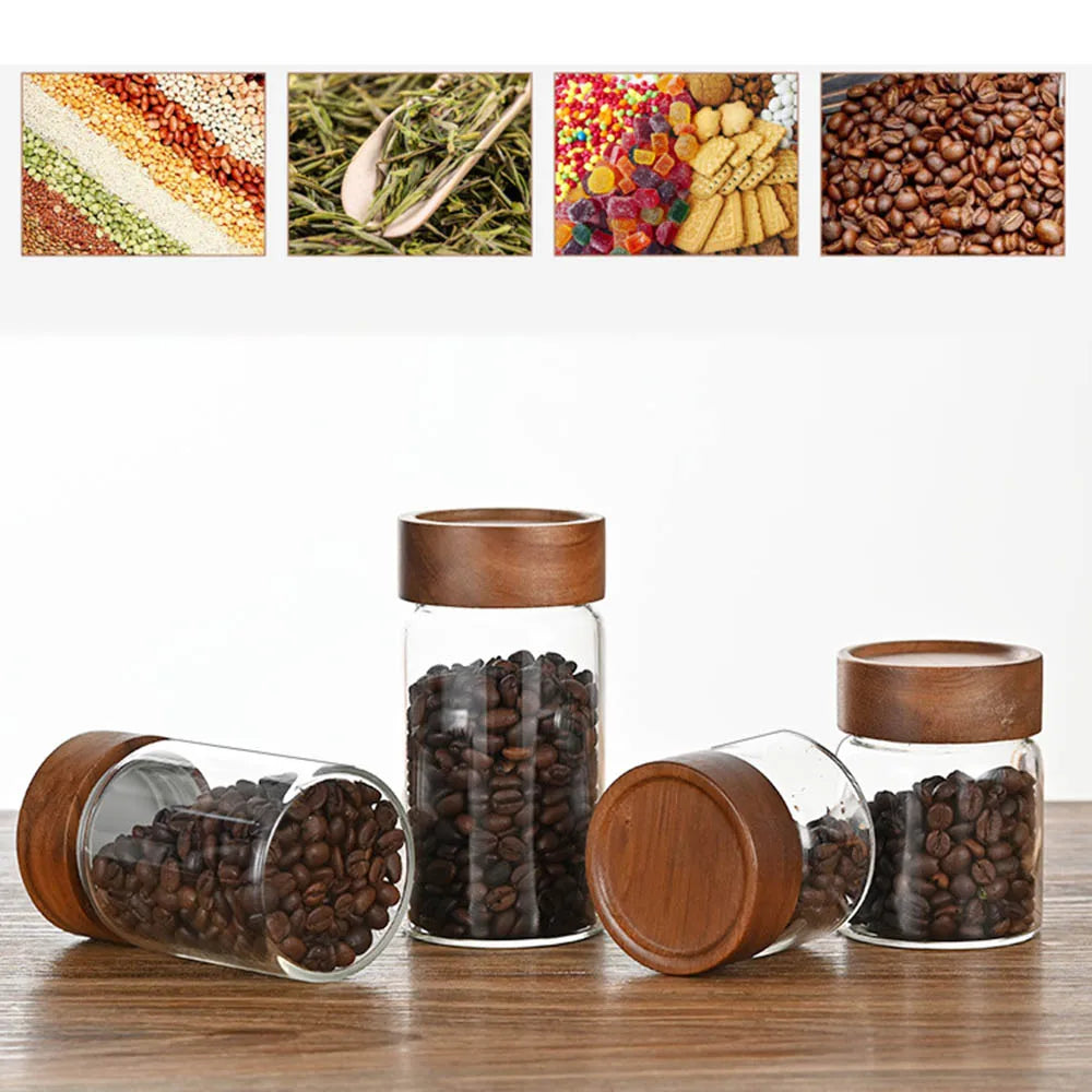 High Borosilicate Glass With Lids Storage Tank Acacia Wood Miscellaneous Grain Sealed Can Storage Pots Split Bottle Spice Jars