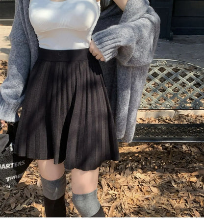 Women's Autumn Elegant A-Line Knitted Mini Skirt High Waist Pleated Skirt Femme Faldas Jupe Saia