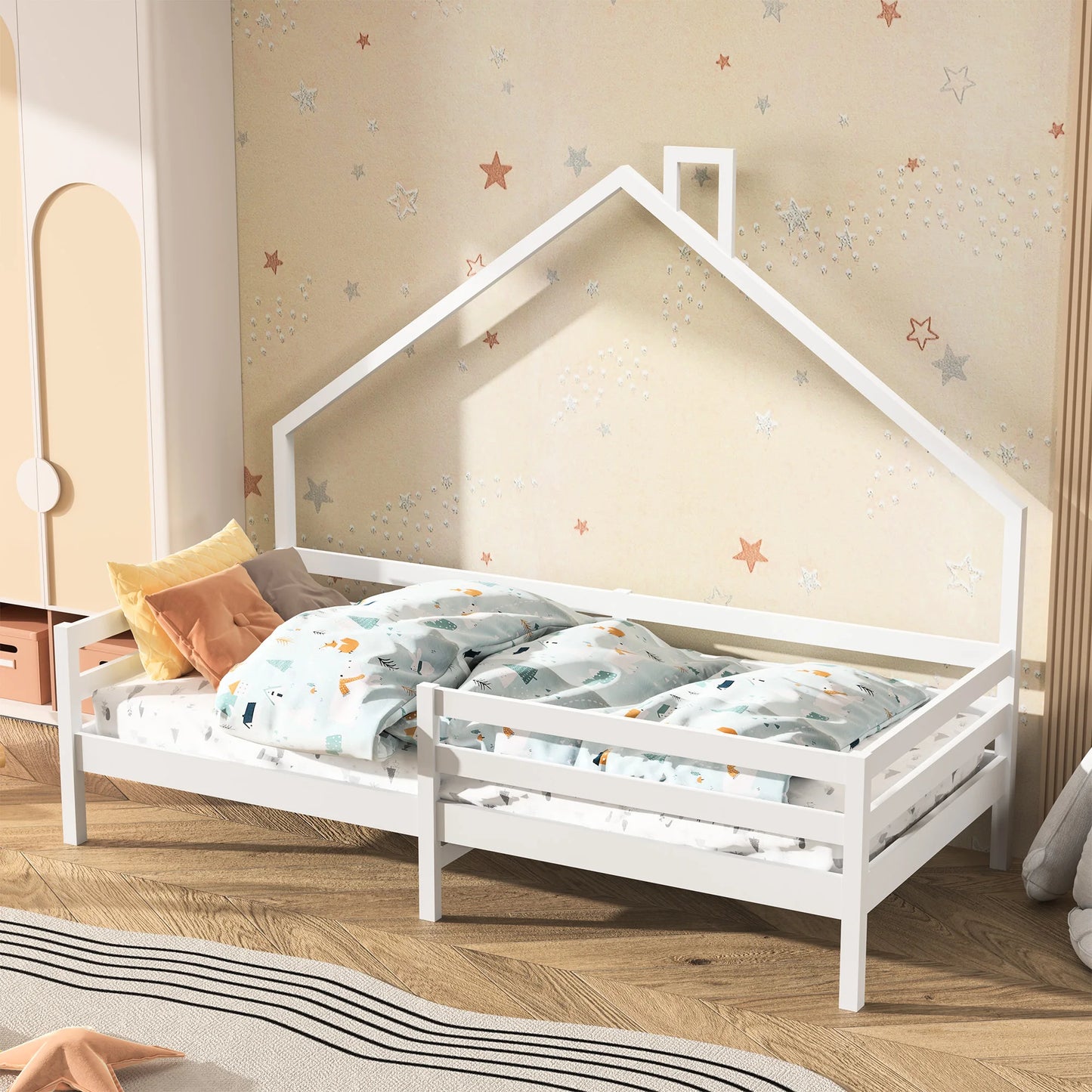 Anajqaqia 90x200 cm Single Bed, Children's Bed with Safety Rails and Slatted Frame, House Bed Design, Pine, White