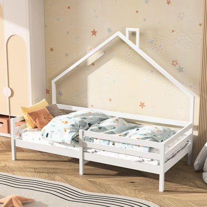 Anajqaqia 90x200 cm Single Bed, Children's Bed with Safety Rails and Slatted Frame, House Bed Design, Pine, White