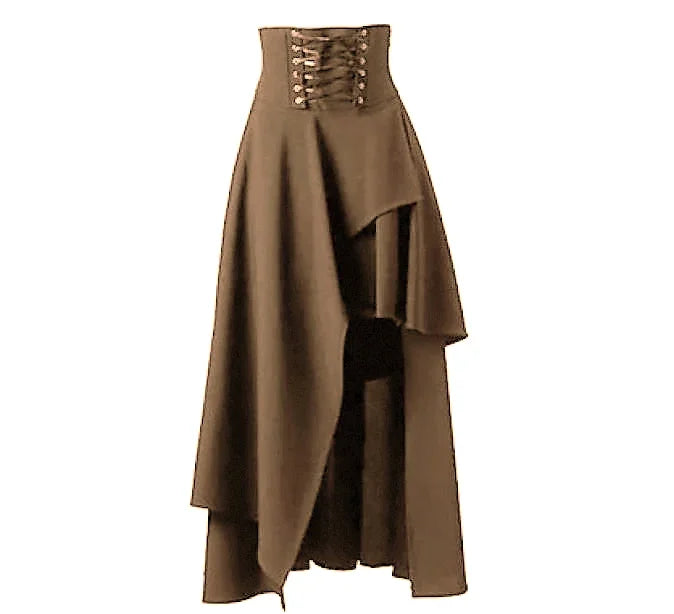 High Low Skirt Gothic Punk Lace Up Cincher Maxi Skirt Rock Hippie Pirate Draped Outfit Halloween Costume For Women